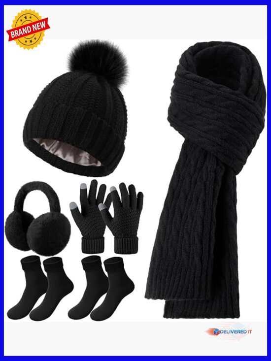 6 Pc Winter Knit Set: Beanie Scarf Gloves Earmuffs Socks